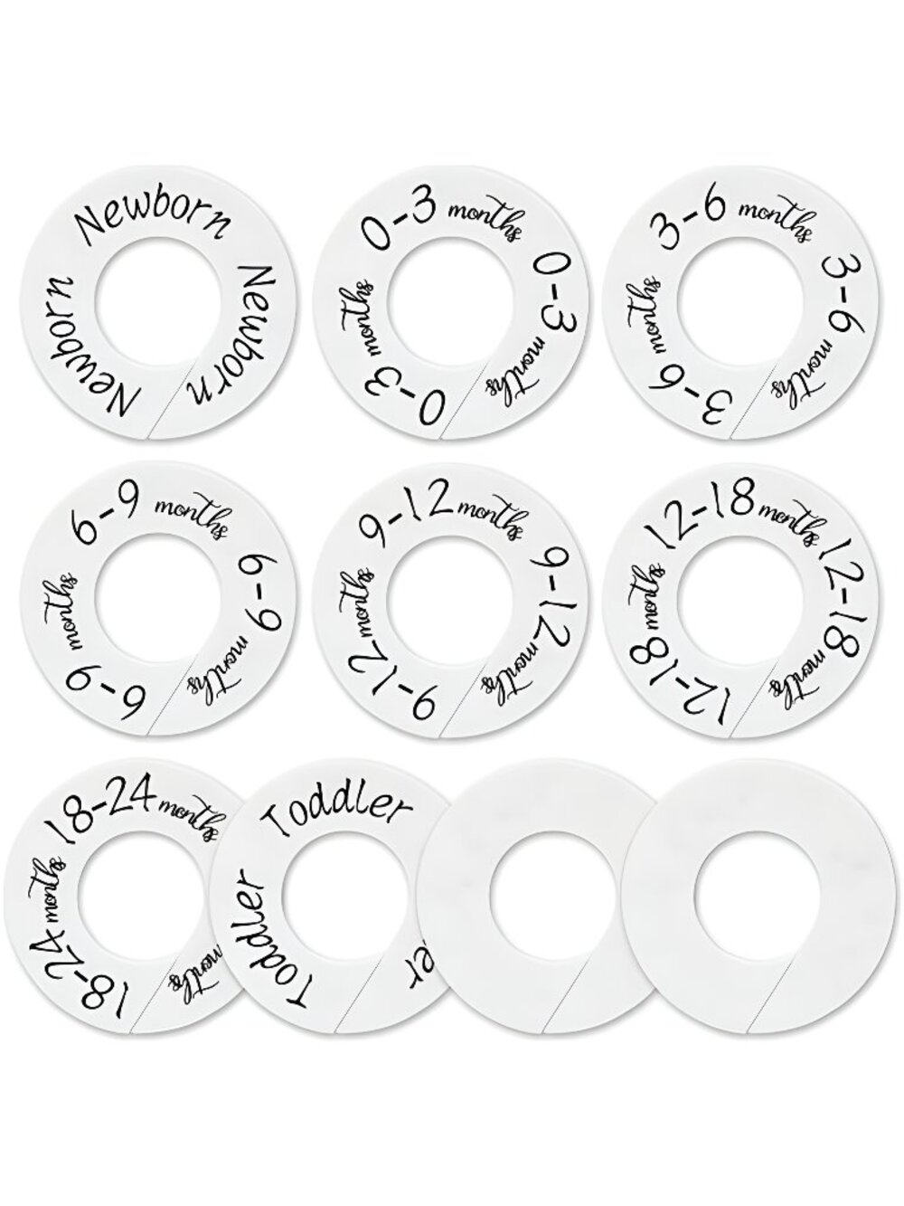 Set of 10 from Newborn to Toddler and 2 Blanks with Colored Box, 1.65" Rod
